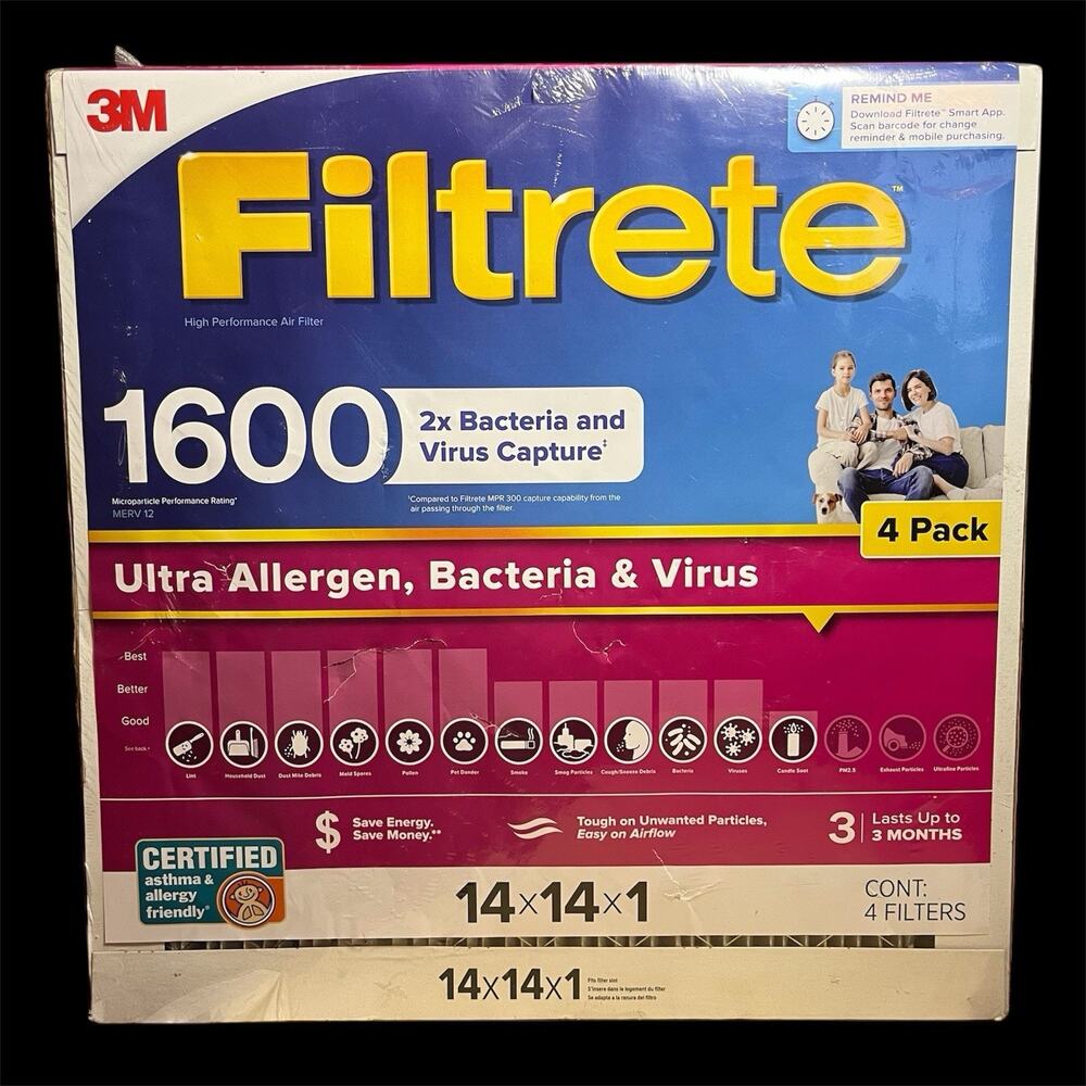 4x 3M Filtrete Air Filter Ultra Allergen Bacteria Virus MPR 1600 MERV 12 14x14x1